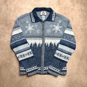 Vintage Y2K Winter Snowflake Fair Isles Zip Up Sweater Blue Knit Cabincore Ski
